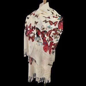 Geoffrey Carroll Butterfly Scarf Wrap Red on White 74" x 27" Cotton Poly Blend